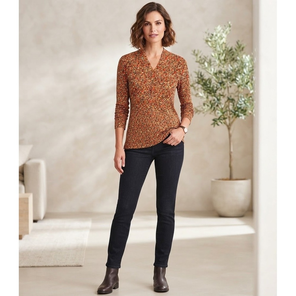 Talbots Women's Petite Small V-Neck Long Sleeve Top Stretch Autumn Print